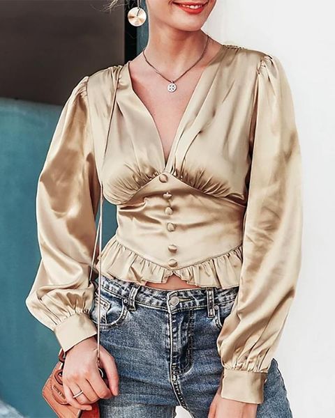 solid tight waist buttoned detail ruched blouse, White
solid tight waist buttoned detail ruched blouse, White