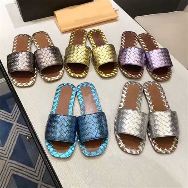 2020 women's shoes slippers flats men's brand sandals woven pattern slippers women shoes classics casual flip flops, Black