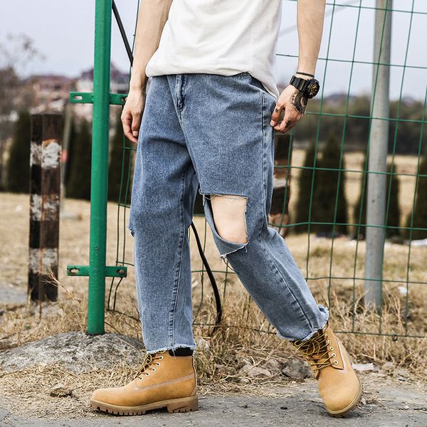 male retro fashion streetwear hip hop ankle-length denim pants trousers men broken hole loose casual straight jeans, Blue
male retro fashion streetwear hip hop ankle-length denim pants trousers men broken hole loose casual straight jeans, Blue