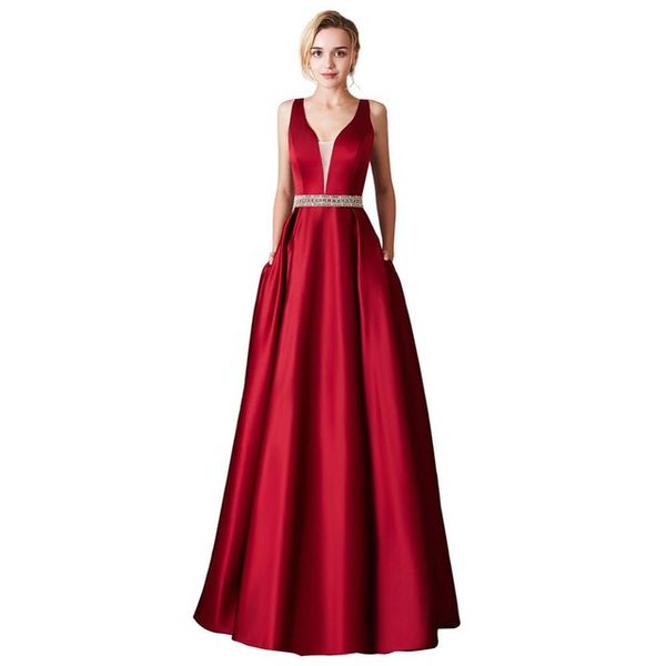 beaded v neck satin long evening dresses with pockets 2019 floor length prom dress, Black;red
beaded v neck satin long evening dresses with pockets 2019 floor length prom dress, Black;red