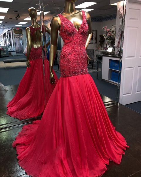 deep v-neck red long mermaid prom dresses full beaded crystal body sleeveless open back formal evening party dresses, Black
deep v-neck red long mermaid prom dresses full beaded crystal body sleeveless open back formal evening party dresses, Black