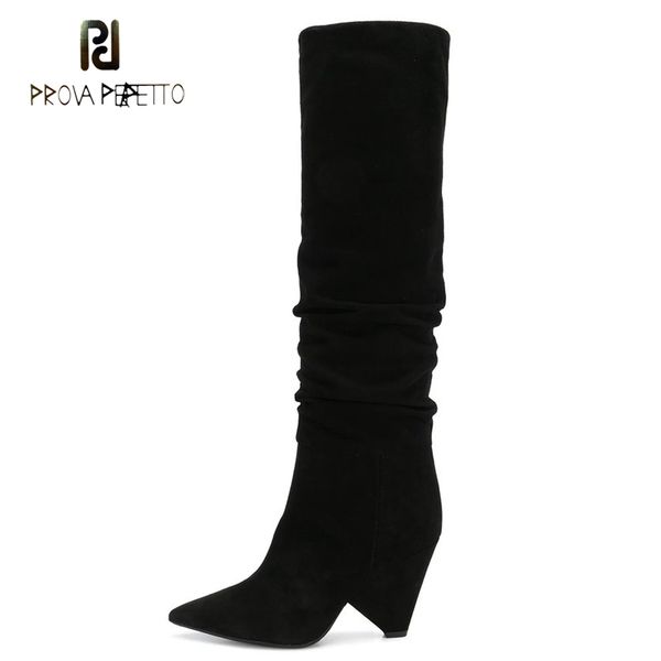 prova perfetto black suede pointe toe spike heel knee high boots females pleated design slip on runway long boots
prova perfetto black suede pointe toe spike heel knee high boots females pleated design slip on runway long boots