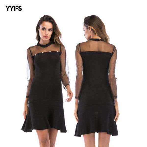 women's hollow out dress mesh stitching trumpet dresses thin section long sleeve fishtail skirt female, White;black