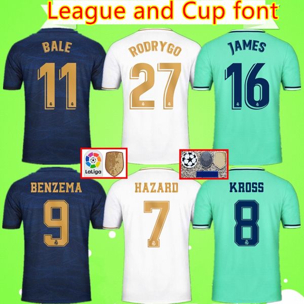 

league and cup font 2019 2020 real madrid soccer jersey 19 20 benzema bale hazard camiseta de futbol ramos zidane sergio ramos maillot, Black;yellow