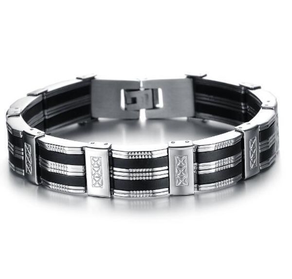 silicone charm bracelets punk stainless steel + genuine silicone men jewelry 18mm width man bangles ph850, Black