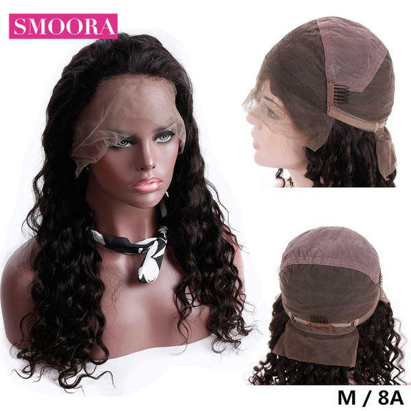 glueless loose wave full lace human hair wigs brazilian remy human hair pre plucked full lace wig with baby 150% smoora, Black;brown