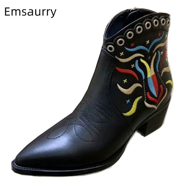 chic retro woman boots point toe med square heel ankle short bottes solid black embroider colorful pattern 2020 fashion botines
chic retro woman boots point toe med square heel ankle short bottes solid black embroider colorful pattern 2020 fashion botines