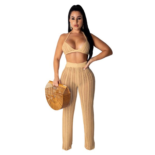 women two piece pants sleeveless 2 piece outfits knit hollow out crop wide leg pants set, White
women two piece pants sleeveless 2 piece outfits knit hollow out crop wide leg pants set, White