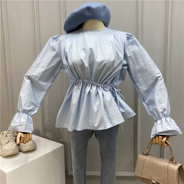 2020 spring personality folds drawstring shirt women's slimming round-neck ong sleeve solid color blouse female, White
2020 spring personality folds drawstring shirt women's slimming round-neck ong sleeve solid color blouse female, White