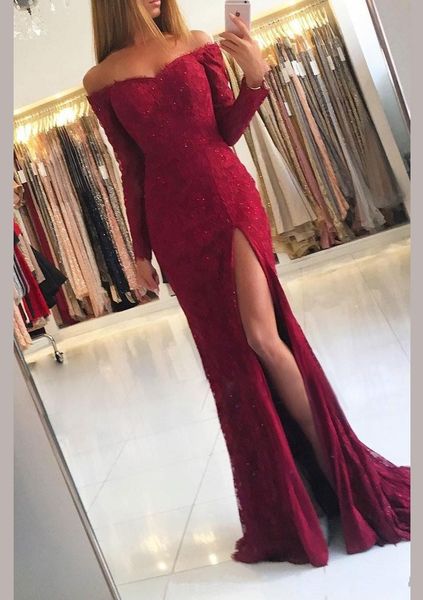 2019 new mermaid evening dresses full lace long sleeves off shoulder front split sweep train custom made prom dress party pageant gowns, Black;red
2019 new mermaid evening dresses full lace long sleeves off shoulder front split sweep train custom made prom dress party pageant gowns, Black;red