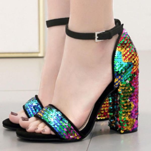 doratasia 2020 dropship bling sequined block high heels party summer sandals women shoes woman, Black