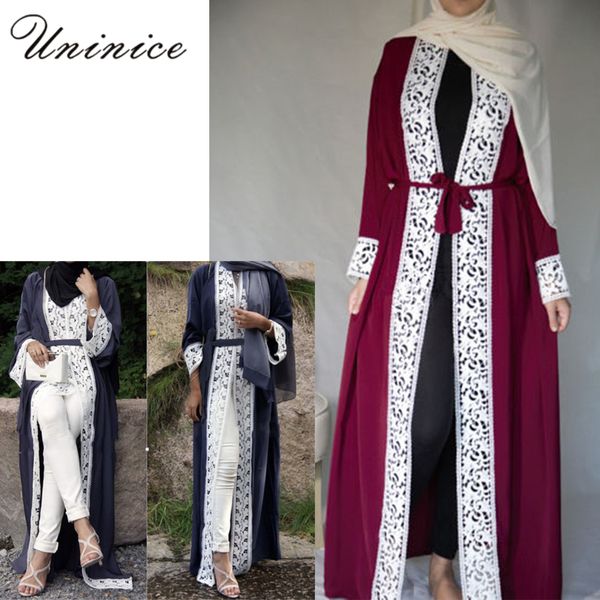 

elegant muslim abaya dress lace cardigan long robes kimono jubah ramadan arabic dubai turkish thobe islamic prayer clothing, Red