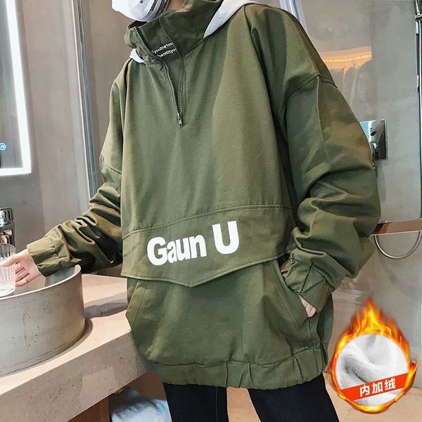winter mixed colors lettered hooded brushed and thick trench coat trend hip hop high street pullover jacket loose casual coat, Black
winter mixed colors lettered hooded brushed and thick trench coat trend hip hop high street pullover jacket loose casual coat, Black