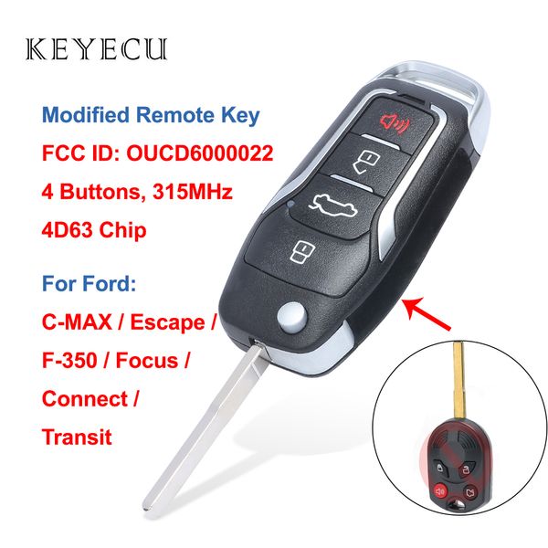 

keyecu modified remote car key 4 buttons 315mhz 4d63 hu101 blade for c-max escape f-350 focus transit connect, oucd6000022