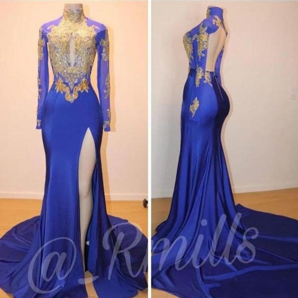 vintage 2019 royal blue mermaid prom party dresses gold lace applique long sleeevs high split backless evening formal cocktail gowns, Black
vintage 2019 royal blue mermaid prom party dresses gold lace applique long sleeevs high split backless evening formal cocktail gowns, Black