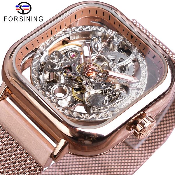 

forsining rose golden automatic square men watch skeleton mesh stainless steel band self-wind mechanical wristwatch 2019 relogio, Slivery;brown