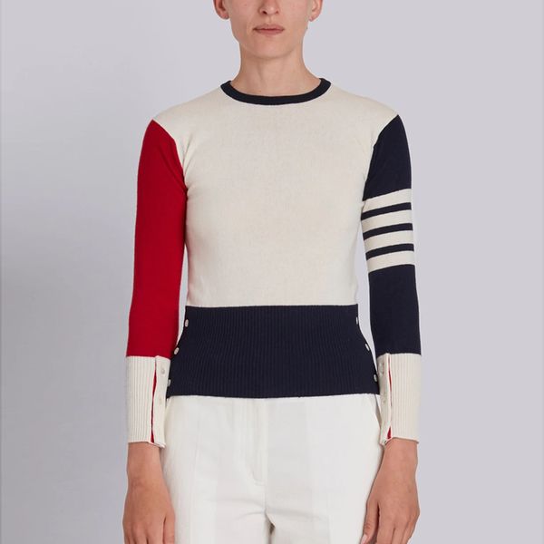 high-quality cashmere blend knit red, white and blue contrast classic crewneck pullover women's sweaters, White;black
high-quality cashmere blend knit red, white and blue contrast classic crewneck pullover women's sweaters, White;black