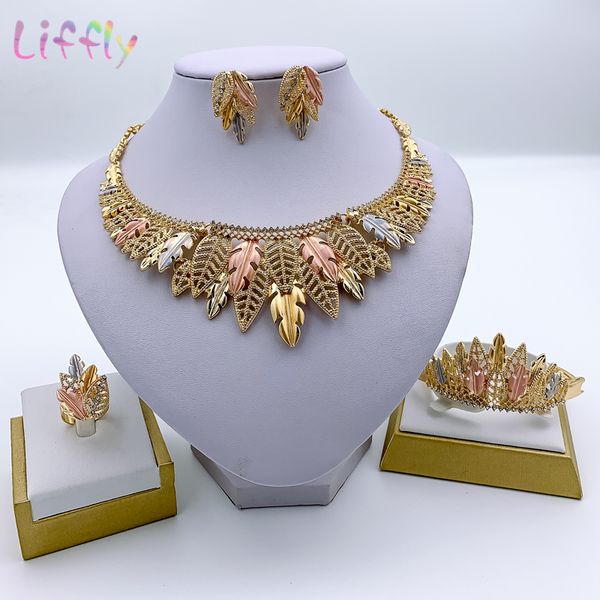 liffly dubai fashion jewelry sets tri-color necklace classic necklace bracelet leaf shape earrings ring wedding jewelry set, Silver
liffly dubai fashion jewelry sets tri-color necklace classic necklace bracelet leaf shape earrings ring wedding jewelry set, Silver