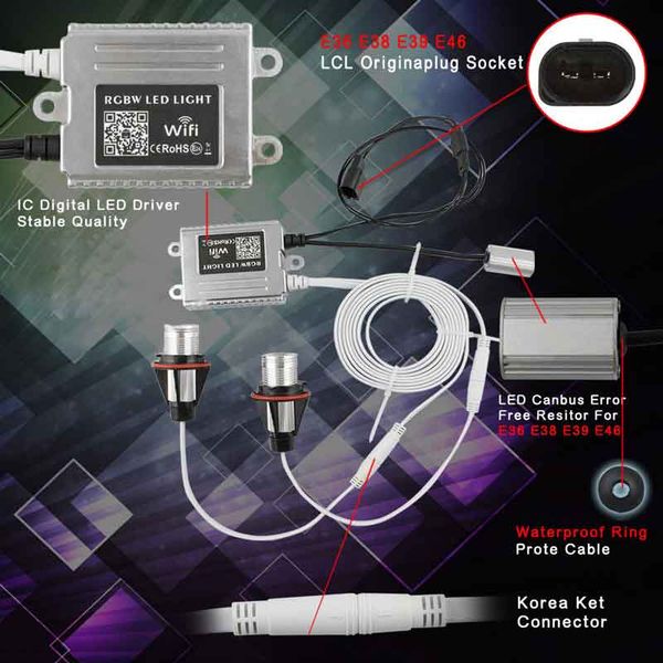 2pcs 20w rgb led angel eyes halo ring light canbus w/ wifi control for e39 e60 
2pcs 20w rgb led angel eyes halo ring light canbus w/ wifi control for e39 e60