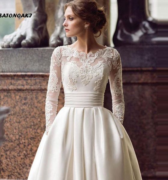 modest long sleeves wedding dresses sheer illusion neck 2019 long sleeves satin appliqued bridal gowns with pockets vestidos de novia, White
modest long sleeves wedding dresses sheer illusion neck 2019 long sleeves satin appliqued bridal gowns with pockets vestidos de novia, White