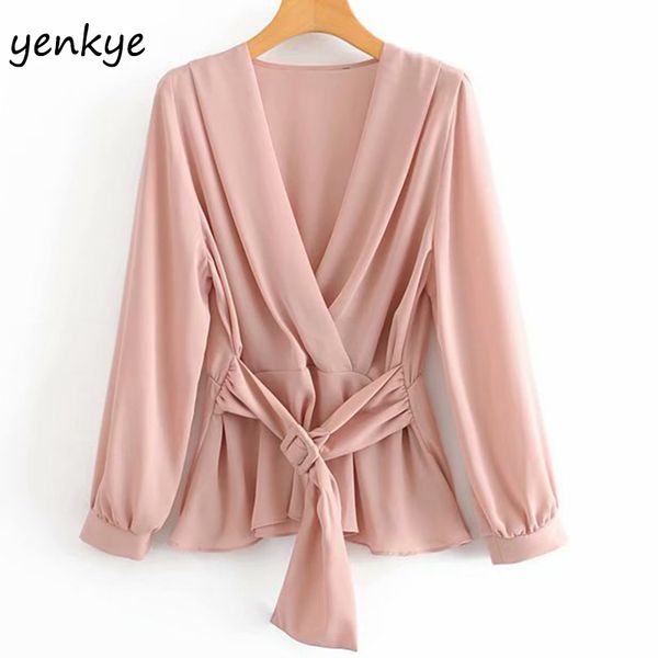 fashion women solid color with belt wrap blouse shirt lady cross v neck long sleeve elegant office shirts chemise femme, White
fashion women solid color with belt wrap blouse shirt lady cross v neck long sleeve elegant office shirts chemise femme, White