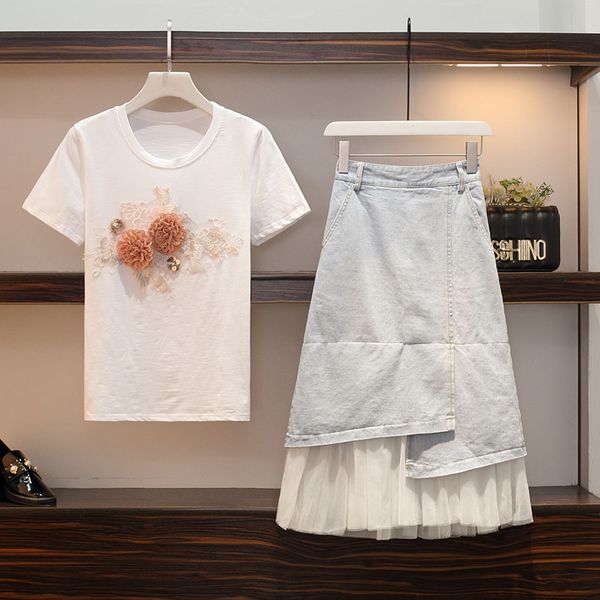 women 3d flower embroidery cotton tshirts+mesh patchwork jean skirts set 2019 summer woman t-shirt tees denim skirt 2pcs suit, White
women 3d flower embroidery cotton tshirts+mesh patchwork jean skirts set 2019 summer woman t-shirt tees denim skirt 2pcs suit, White