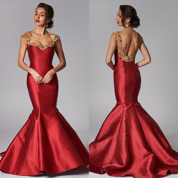backless mermaid evening dresses scoop sleeveless appliques satin sheath prom dress sweep train robes de soirée, Black;red
backless mermaid evening dresses scoop sleeveless appliques satin sheath prom dress sweep train robes de soirée, Black;red