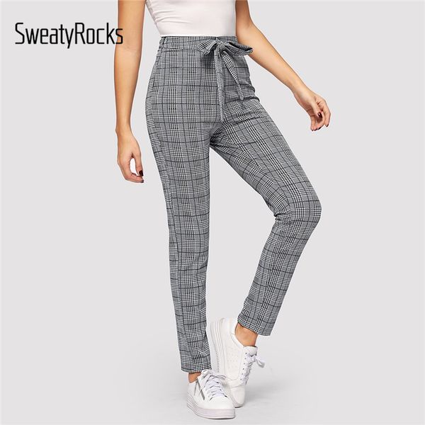 

sweatyrocks grey knot waist glen plaid cigarette pants casual long trousers 2018 autumn workwear women straight leg belted pants, Black