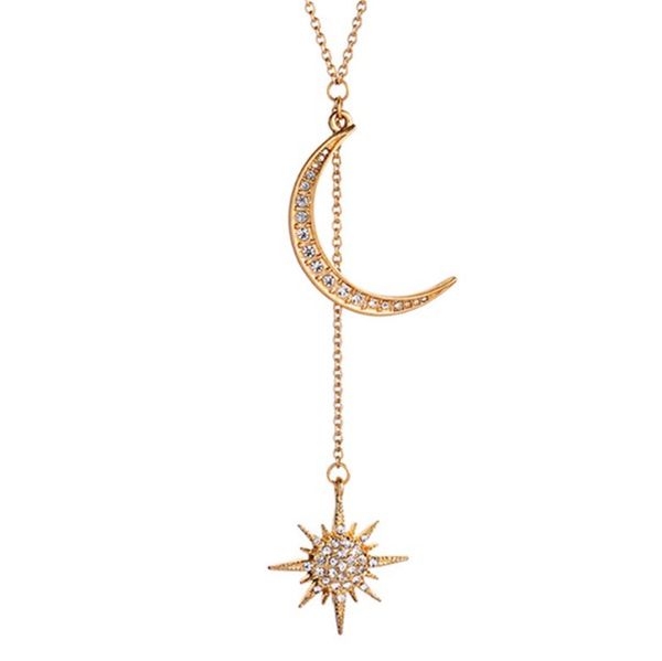 bohemian star moon pendant gold necklace charming female crystal zircon gold long chain fashion women wedding party jewelry gift, Silver
bohemian star moon pendant gold necklace charming female crystal zircon gold long chain fashion women wedding party jewelry gift, Silver