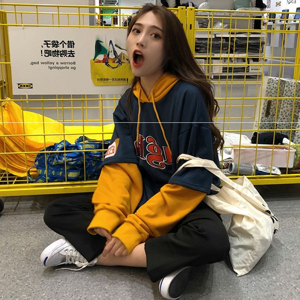 2018 korean version of casual color matching fake two-piece hooded long-sleeved sweater harajuku loose quality fashion sweater, White;black
2018 korean version of casual color matching fake two-piece hooded long-sleeved sweater harajuku loose quality fashion sweater, White;black