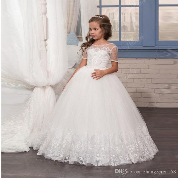 new fashion white flower girls dresses with short sleeves beaded crystals appliques tulle first communion gowns for little gir5647, White;blue
new fashion white flower girls dresses with short sleeves beaded crystals appliques tulle first communion gowns for little gir5647, White;blue
