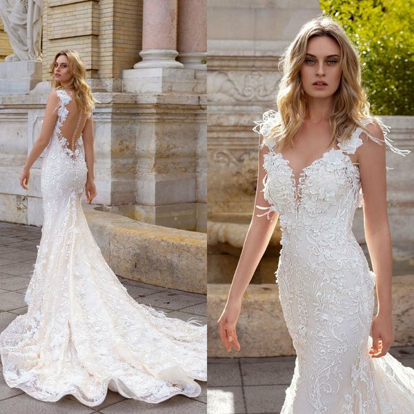 2019 cap sleeve mermaid wedding dresses scoop neck lace applique feathers beach wedding gowns ruffles sheer back vestido de novia, White
2019 cap sleeve mermaid wedding dresses scoop neck lace applique feathers beach wedding gowns ruffles sheer back vestido de novia, White