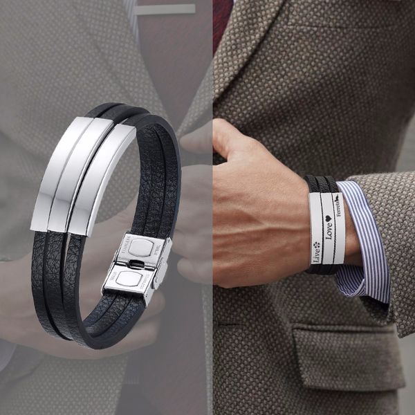 triple-stacked black leather bracelet for men engravable wristband jewelry, Golden;silver
triple-stacked black leather bracelet for men engravable wristband jewelry, Golden;silver