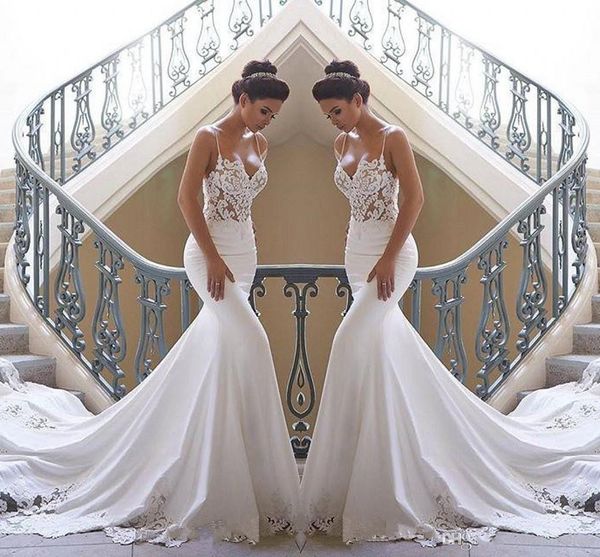 2020 spaghetti straps lace mermaid beach wedding dresses satin lace applique sweep train boho wedding bridal gowns robes de mariée, White
2020 spaghetti straps lace mermaid beach wedding dresses satin lace applique sweep train boho wedding bridal gowns robes de mariée, White