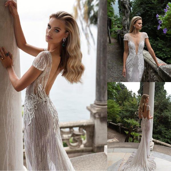 julie vino mermaid wedding dresses backless v neck short sleeves applique tulle with glitter wedding dress sweep train vestidos de novia, White
julie vino mermaid wedding dresses backless v neck short sleeves applique tulle with glitter wedding dress sweep train vestidos de novia, White