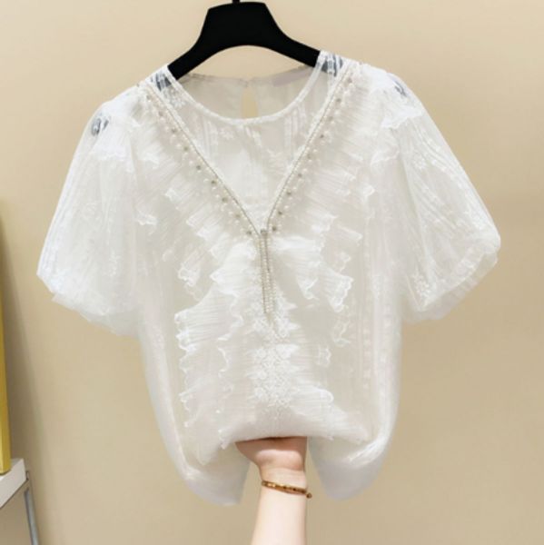 summer shirt women lace stitching mesh pleated blouse ladies elegant slimming diamond beaded puff sleeve blouses, White
summer shirt women lace stitching mesh pleated blouse ladies elegant slimming diamond beaded puff sleeve blouses, White