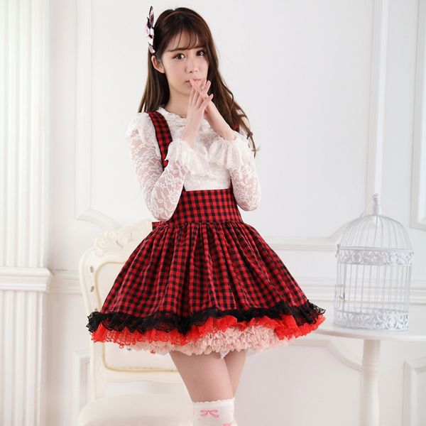 

japanese princess sweet lolita skirt vintage lace bowknot lattice strap victorian skirt kawaii girl gothic lolita sk loli cos, Black;red