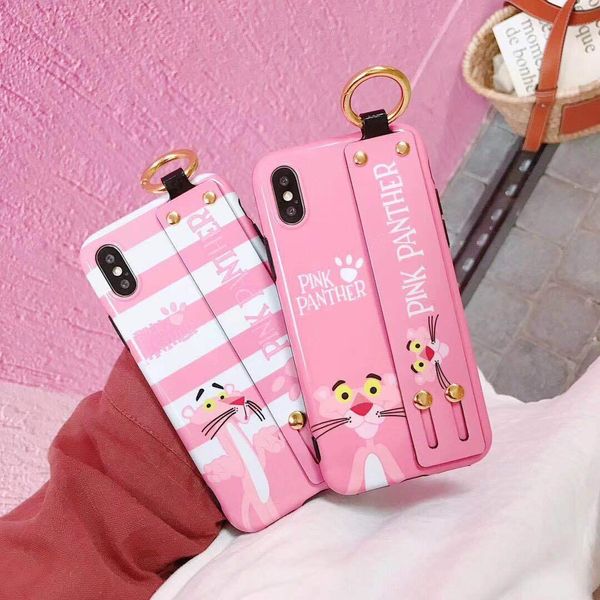 

hope shell pink panther back cases for iphone xs max xs xr x 8 7 6 6s 5 plus soft fashion cover case with wristband