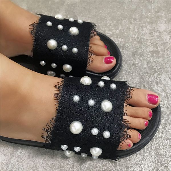 fashion women's pearl flat slippers ladies home slippers female beach slides sandals lace casual shoes slip on slipper, Black
fashion women's pearl flat slippers ladies home slippers female beach slides sandals lace casual shoes slip on slipper, Black