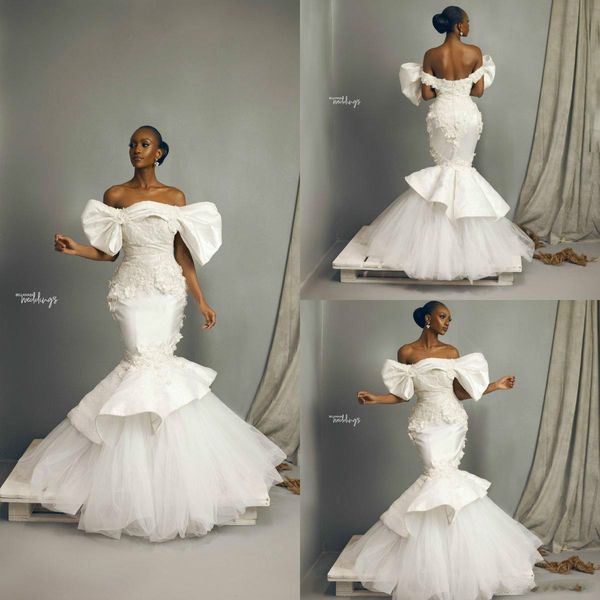 african plus size mermaid wedding dresses off shoulder 3d flower applique bride dresses tiered ruffles sweep train bridal gown, White
african plus size mermaid wedding dresses off shoulder 3d flower applique bride dresses tiered ruffles sweep train bridal gown, White