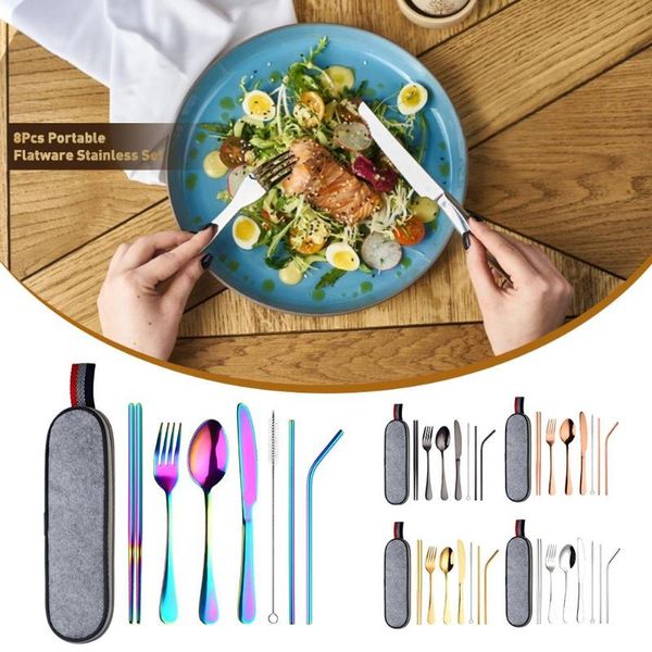 8pcs portable luxury dinnerware stainless set silverware flatware travel utensils set with carrying case
