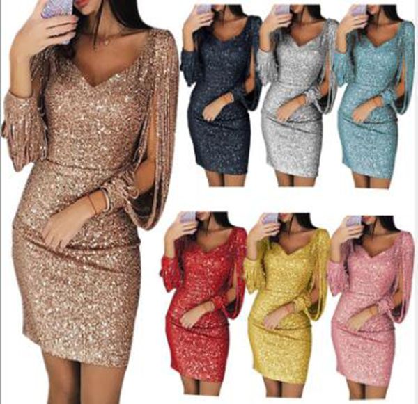 wholesale new summer women's european and american v-neck glittering fringed long-sleeved slim package hip dress, Black;gray
wholesale new summer women's european and american v-neck glittering fringed long-sleeved slim package hip dress, Black;gray