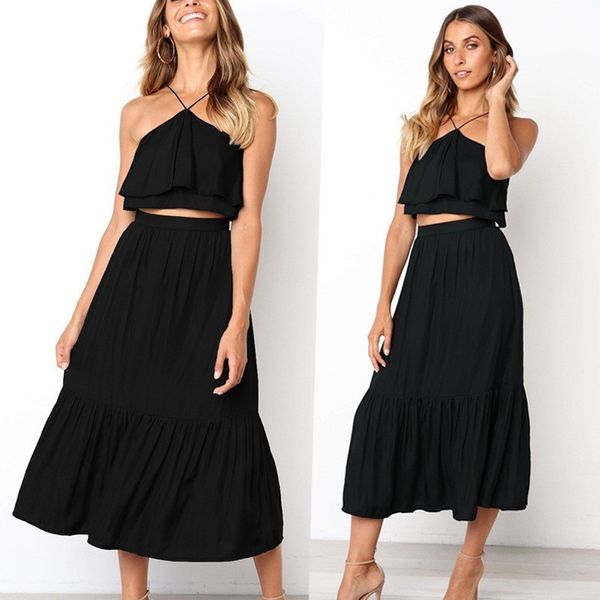 2020 summer two-piece sets halter sleeveless crop and loose long skirt casual laies elegant a-line boho suits ruffles, White 
2020 summer two-piece sets halter sleeveless crop and loose long skirt casual laies elegant a-line boho suits ruffles, White