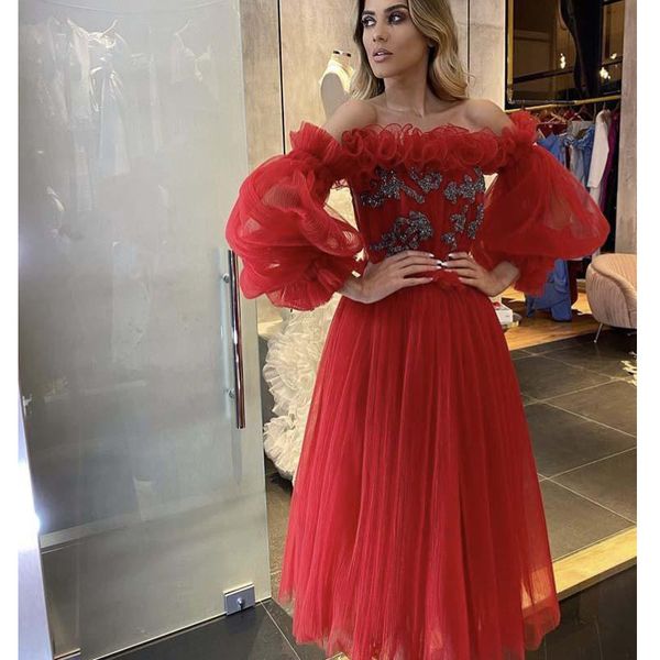 2020 red tulle prom dresses with ruffles long sleeves bateau neck bride party gowns a line evening dress, Black
2020 red tulle prom dresses with ruffles long sleeves bateau neck bride party gowns a line evening dress, Black