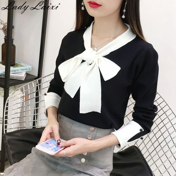 2019 autumn bow sweater women patchwork pullovers slim jumper knitted sweater long sleeve stretch basic top, White;black
2019 autumn bow sweater women patchwork pullovers slim jumper knitted sweater long sleeve stretch basic top, White;black