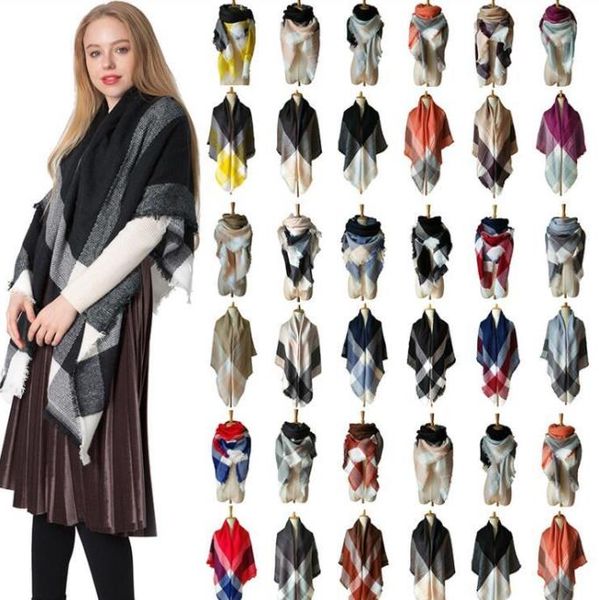 

plaid scarves girls shawl grid tassel wraps lattice triangle neck scarf fringed pashmina winter neckerchief blankets 140*140cm c1507, Red;brown