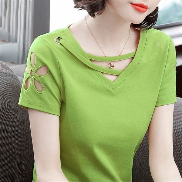 80-200 jin short-sleeved t-shirt women's pure color hollow v-neck slim big size tie all-match summer, White
80-200 jin short-sleeved t-shirt women's pure color hollow v-neck slim big size tie all-match summer, White
