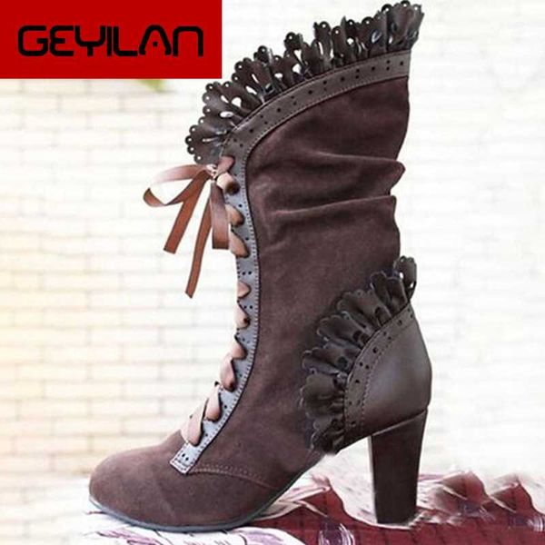 women's mid calf boots ladies lace up high heels female shoes woman ruffle flock retro boots women elegant footwear, Black
women's mid calf boots ladies lace up high heels female shoes woman ruffle flock retro boots women elegant footwear, Black