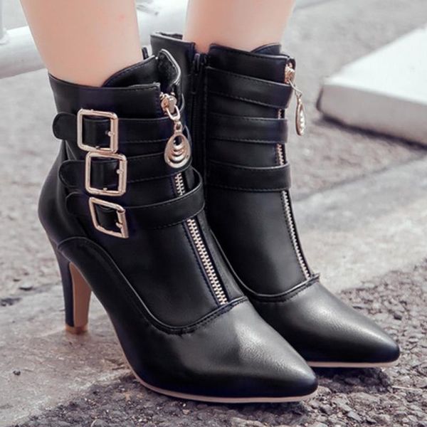 new arrival woman boots 2019 winter ankle short booties women square high heels zipper buckle solid pointed toe shoes leather, Black 
new arrival woman boots 2019 winter ankle short booties women square high heels zipper buckle solid pointed toe shoes leather, Black
