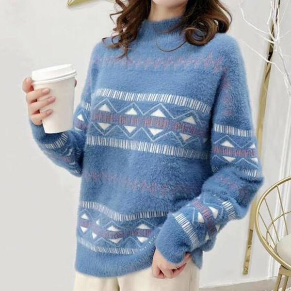 

new winter women imitation mink loose jacquard long sleeve sweater pullover sweater half high collar thicken knitwear s809, White;black
